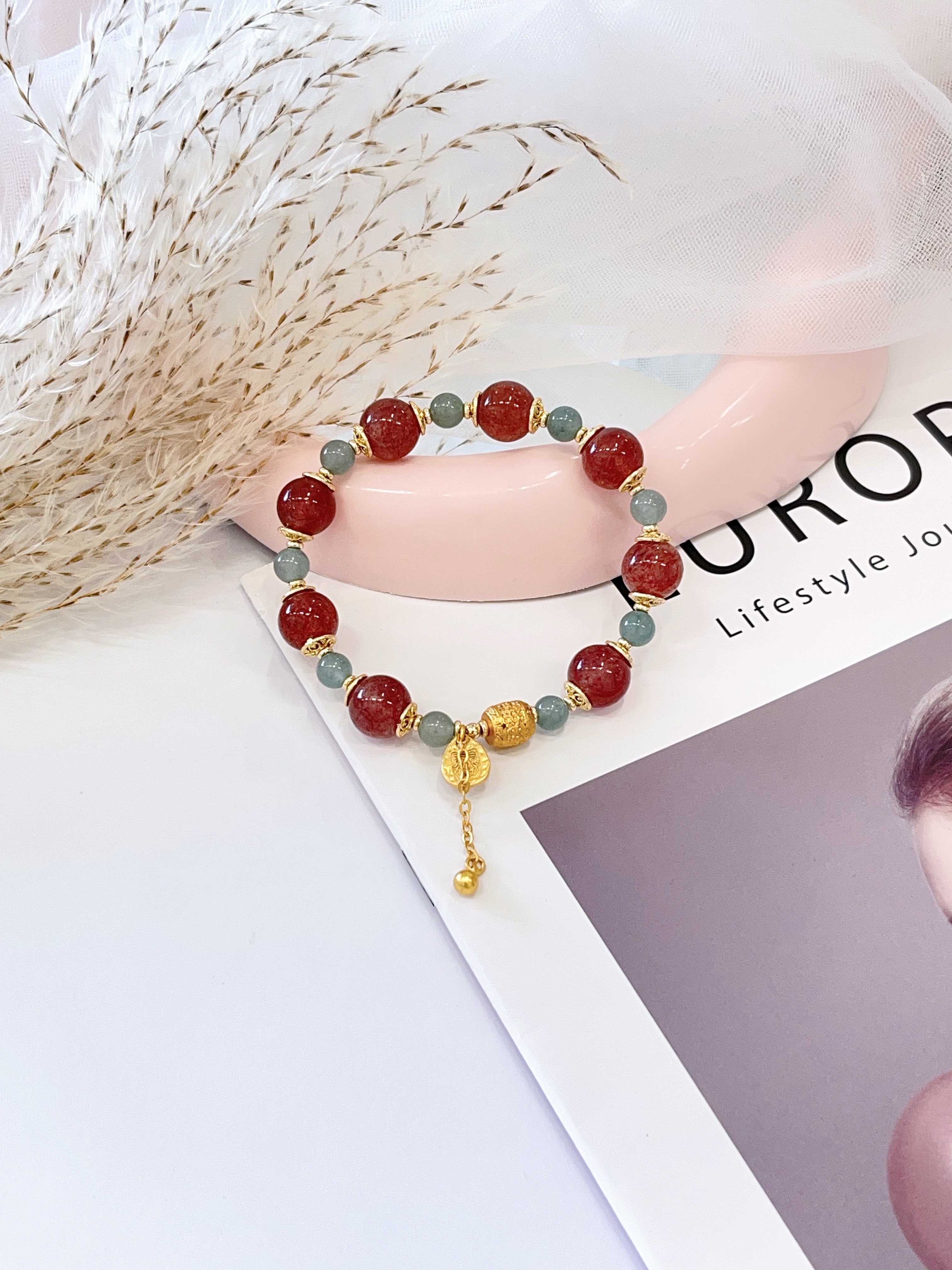 🍓 草莓晶 × 东陵玉手串 Strawberry Quartz & Aventurine  