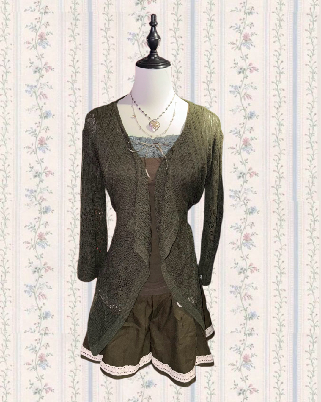 Dark Green Knitted Cardigan Lace Shorts Set