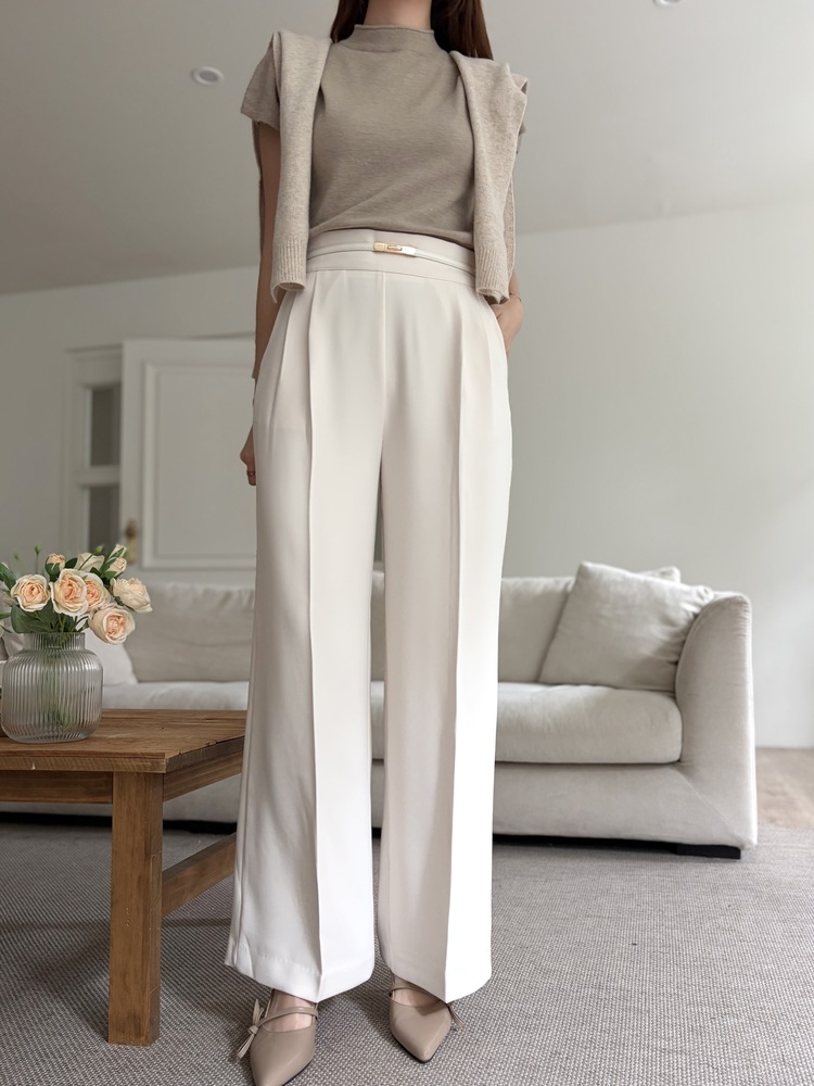 Charlyne Seamless-Front Slacks (Ivory)