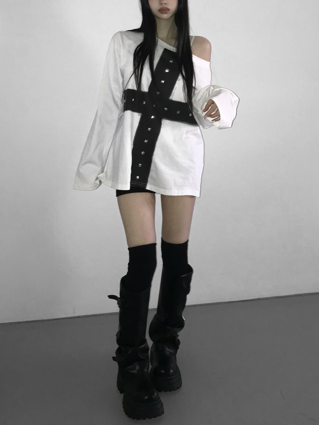 Off-Shoulder Cross Print Studded Long Sleeve