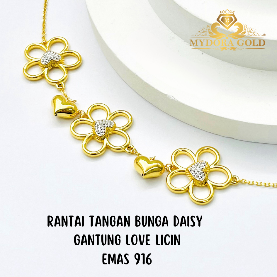 MYDORA Rantai Tangan Bunga Daisy Gantung Love Licin l EMAS 916/22K