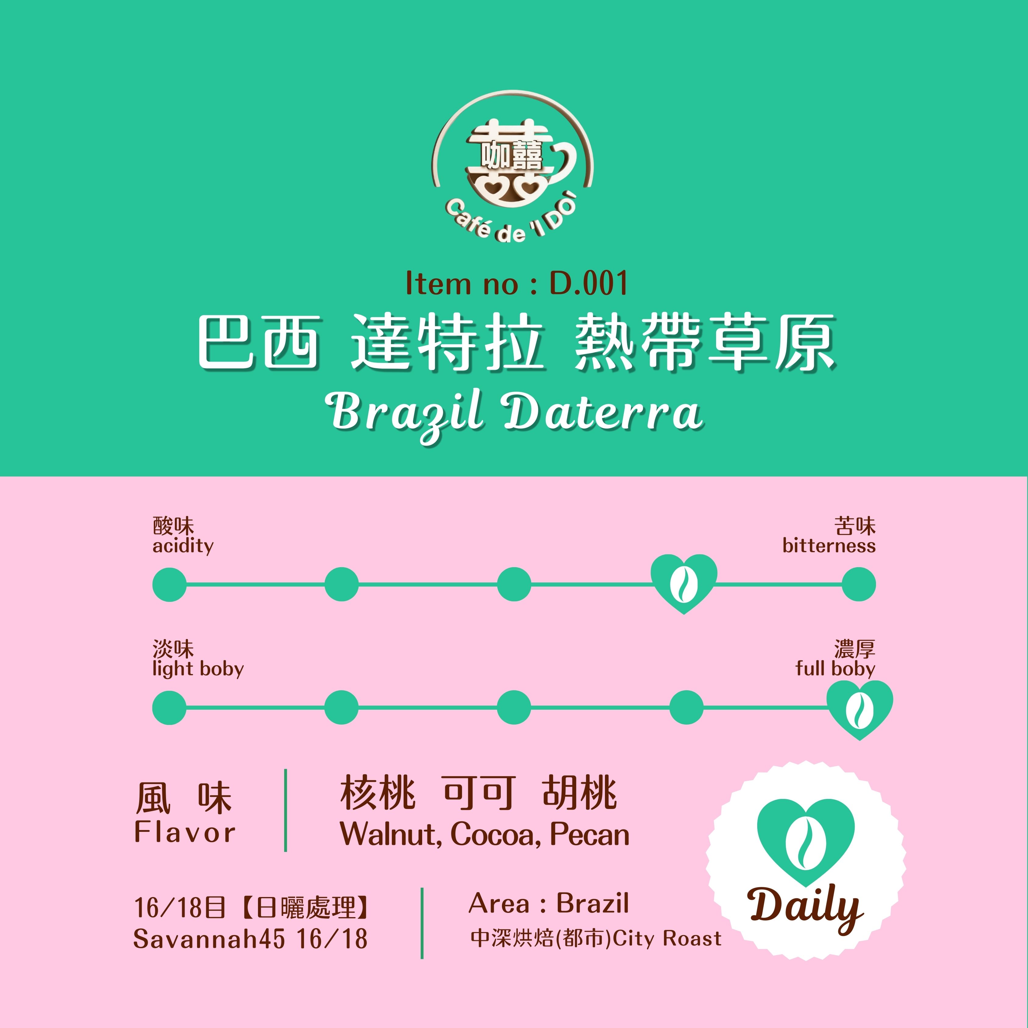 巴西 達特拉 熱帶草原 16/18目【日曬處理】Brazil Daterra Savannah45 16/18 (Drip Coffee)