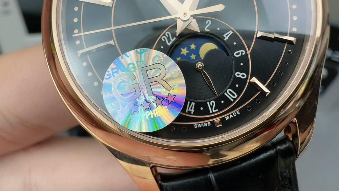 百达翡丽复杂功能时计系列男士腕表，月相显示，玫瑰金表壳，黑色表盘