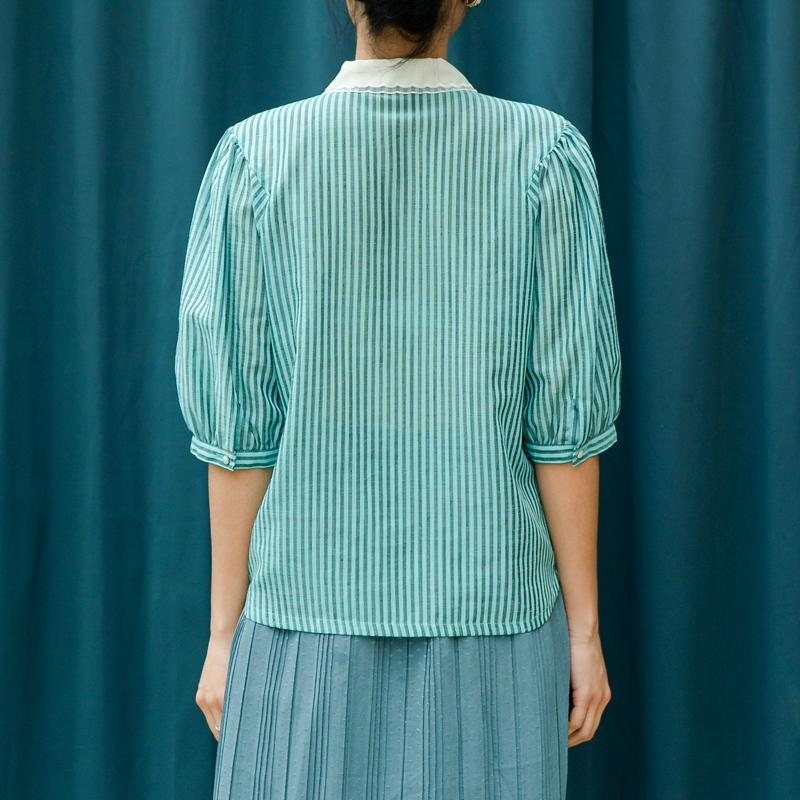 Vintage Embroidered Collar Turquoise Striped Blouse Shirt(MT1606-20)