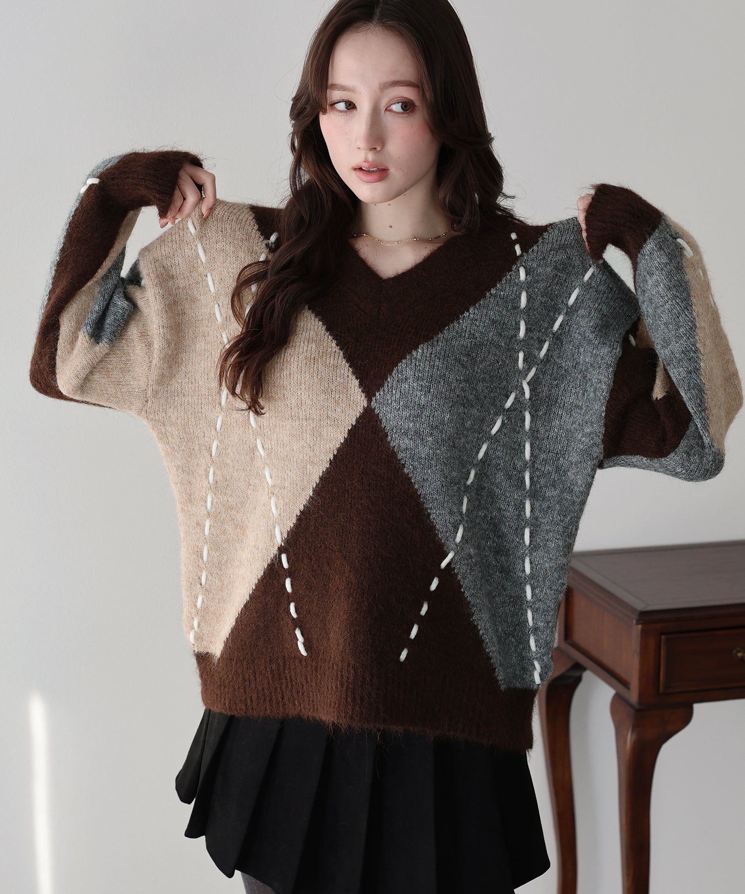 <限量現貨><JP> 店主自留！糯米糍～菱格縫線寬鬆Knit Top * 2色入