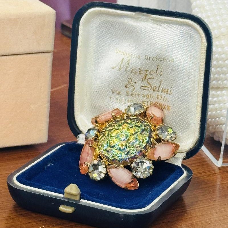 Vintage Recomposed Sparkling Brooch with Antique Czechoslovakian Button(B054)