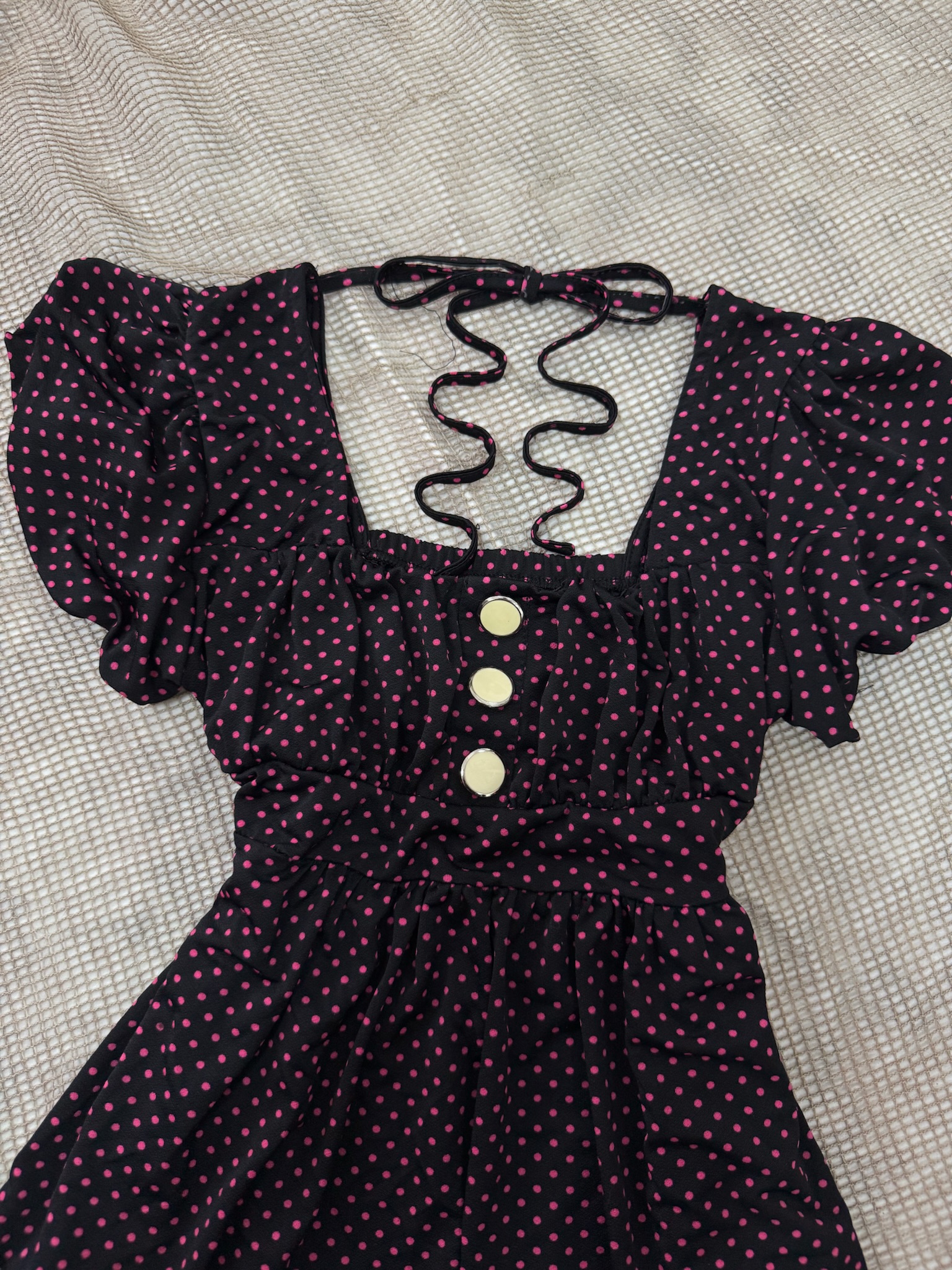 Polka Dot Lace-up Back Romper with Ruffle Hem