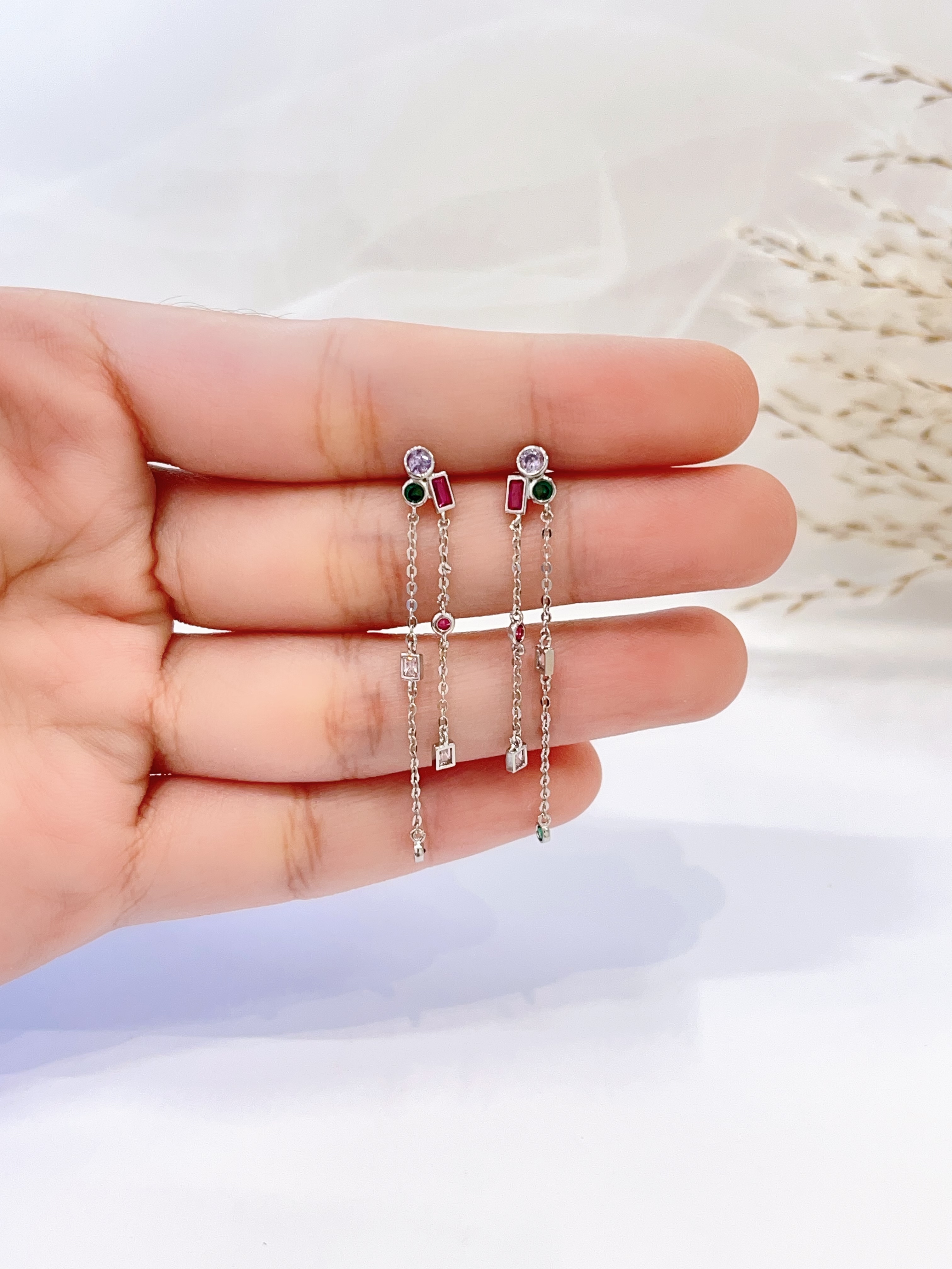 彩色小钻长流苏耳环