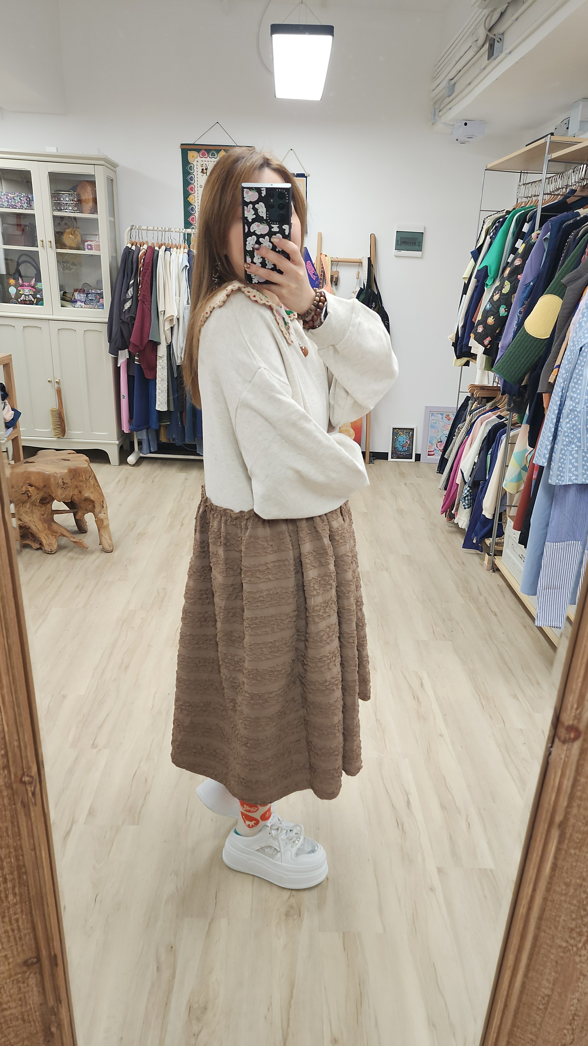 韓國燕麥拼啡皺布勾花領連身裙