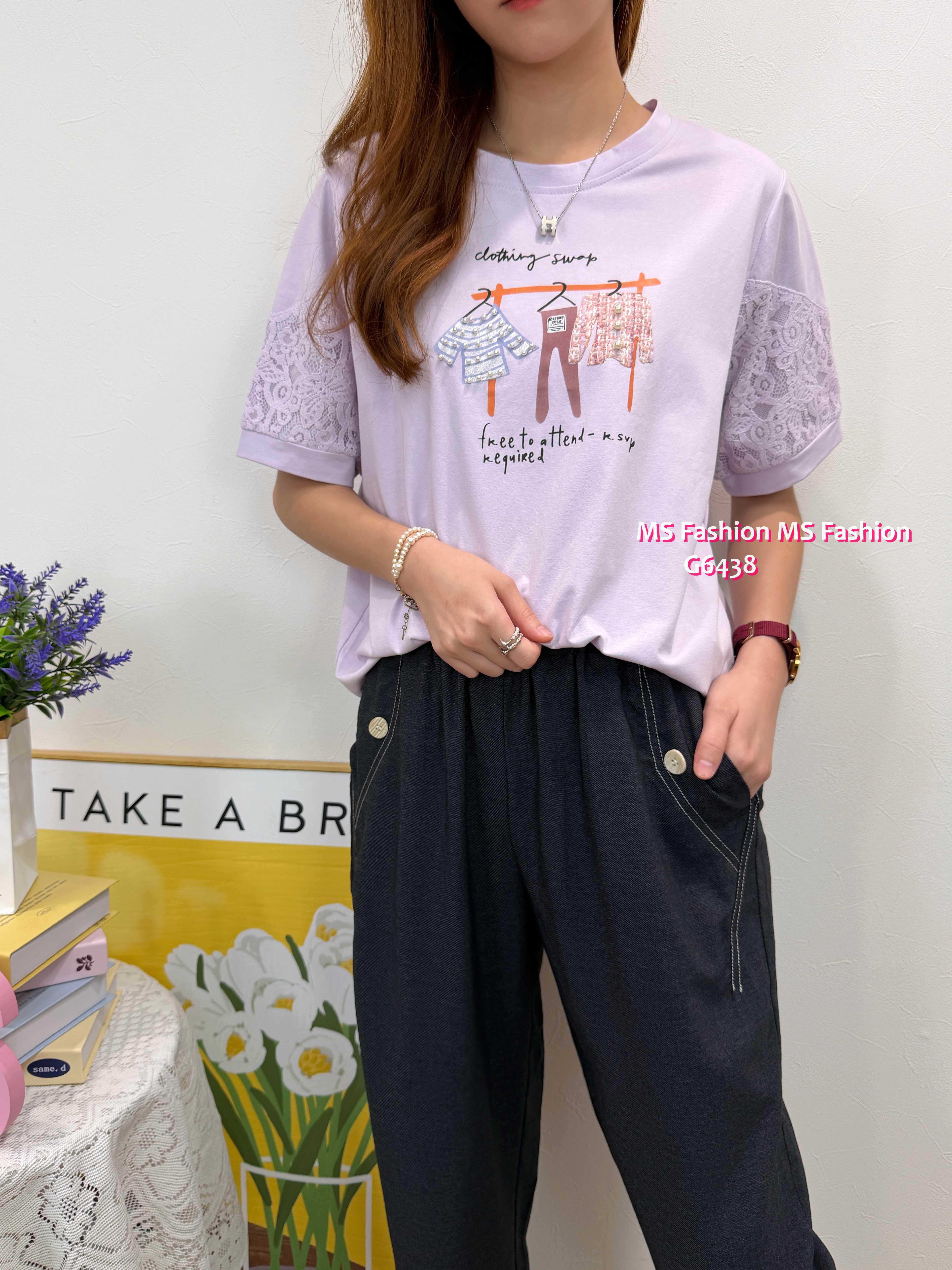 G6438 靚print lace袖top