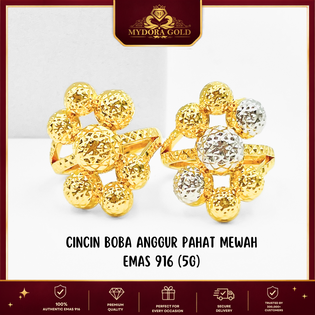 MYDORA Cincin Boba Anggur Pahat Mewah (5G) l EMAS 916/22K