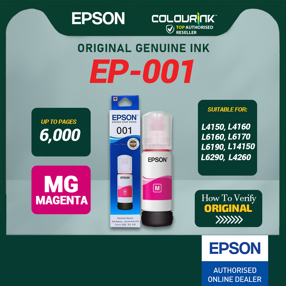 Epson Original Genuine 001 Black Cyan Magenta Yellow Refill Ink Bottle L4150 L4160 L6160 L6170 L6190 L14150 L6290 L4260