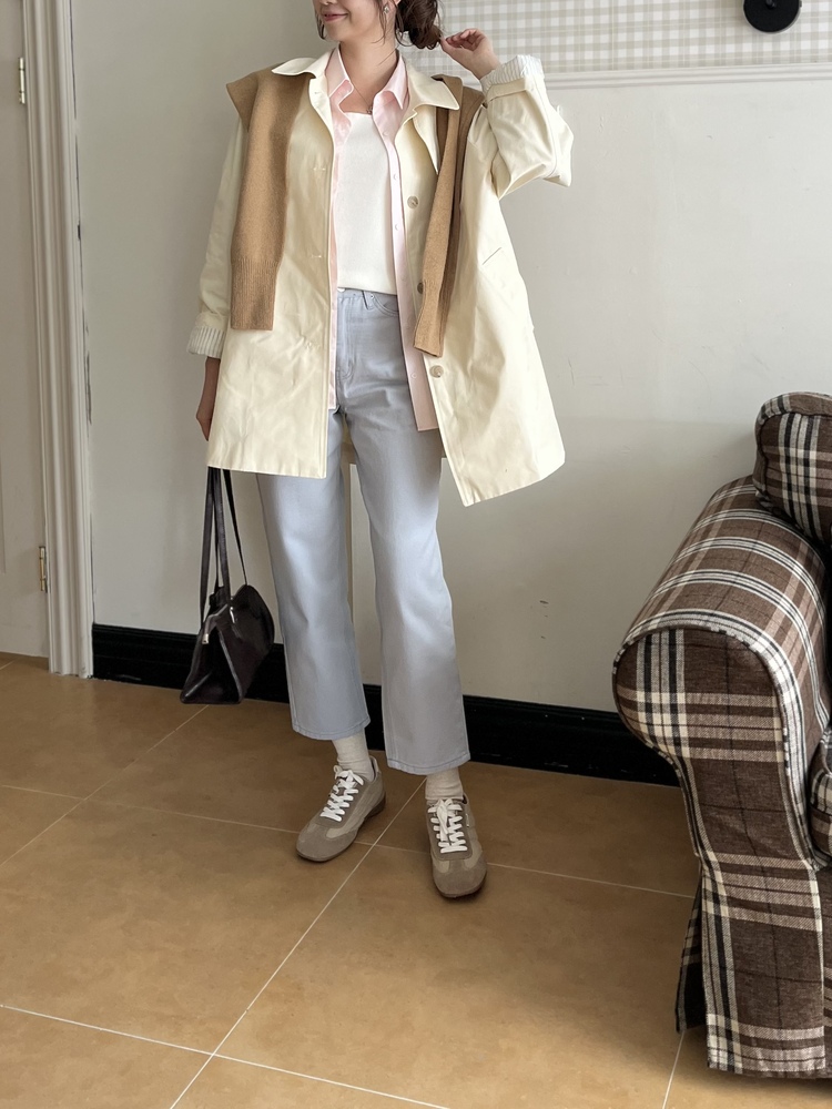 Stripe-Lined Relaxed Trench Coat (Cream)