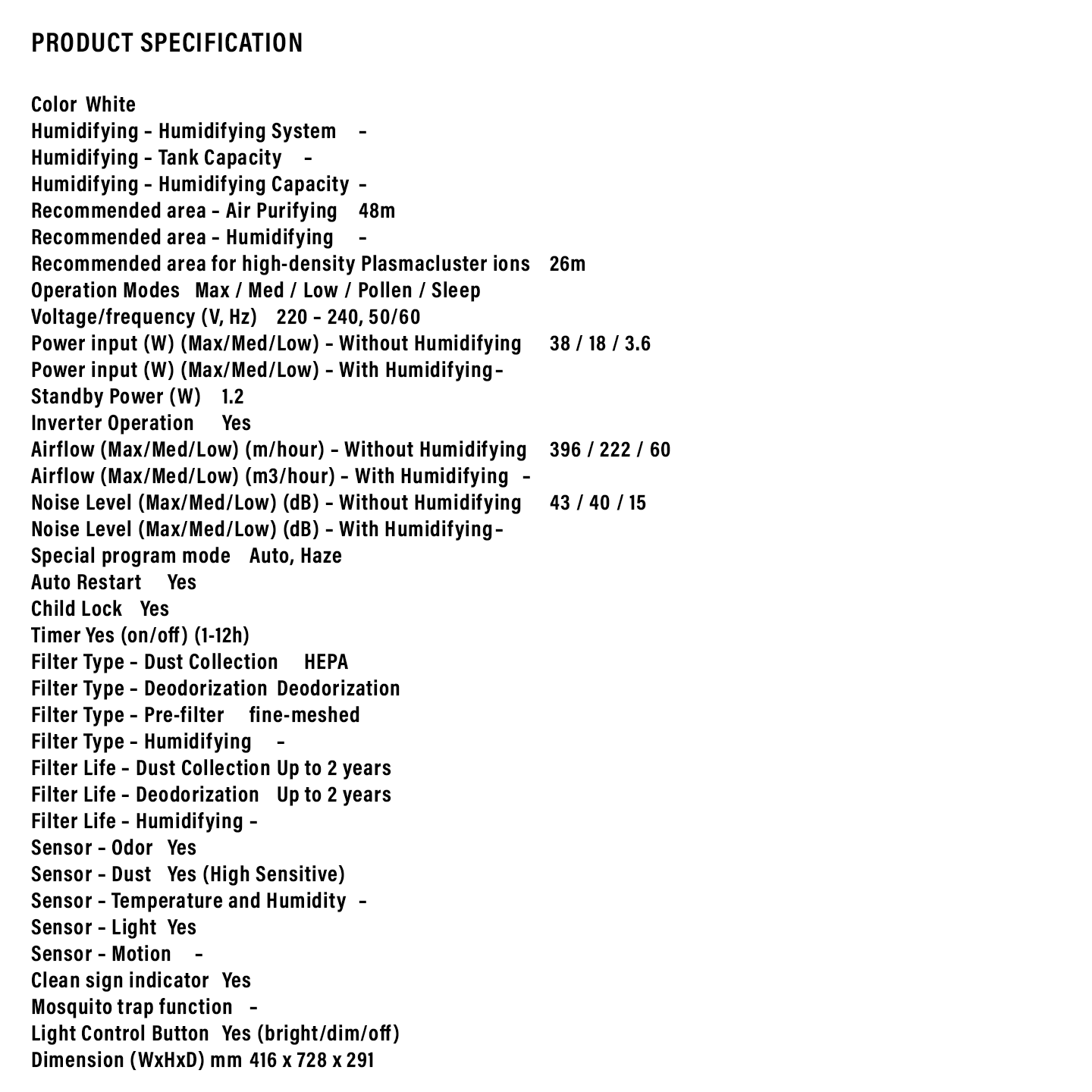 Sharp 48m³ Plasmacluster Air Purifier (FPJ60LW)