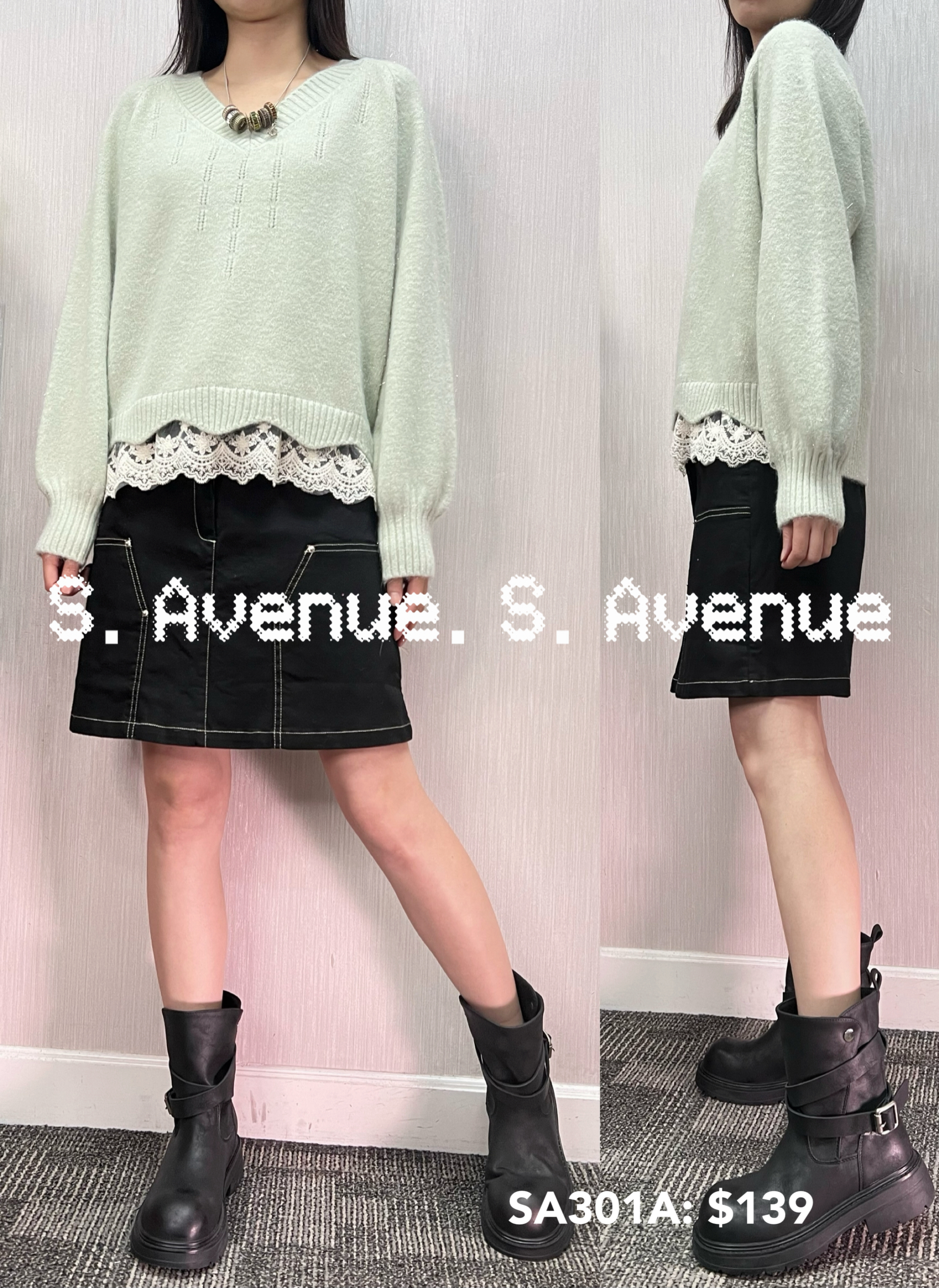 SA301A: 長袖燈籠袖V領腳lace冷衫