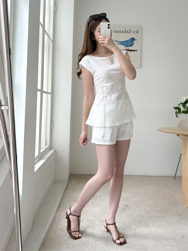 Elysian Boat Neck Belted Set (White)