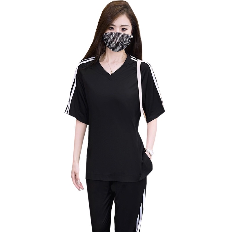 B191(2255) 韩系休闲运动风边撞色条纹上衣与长裤黑套装