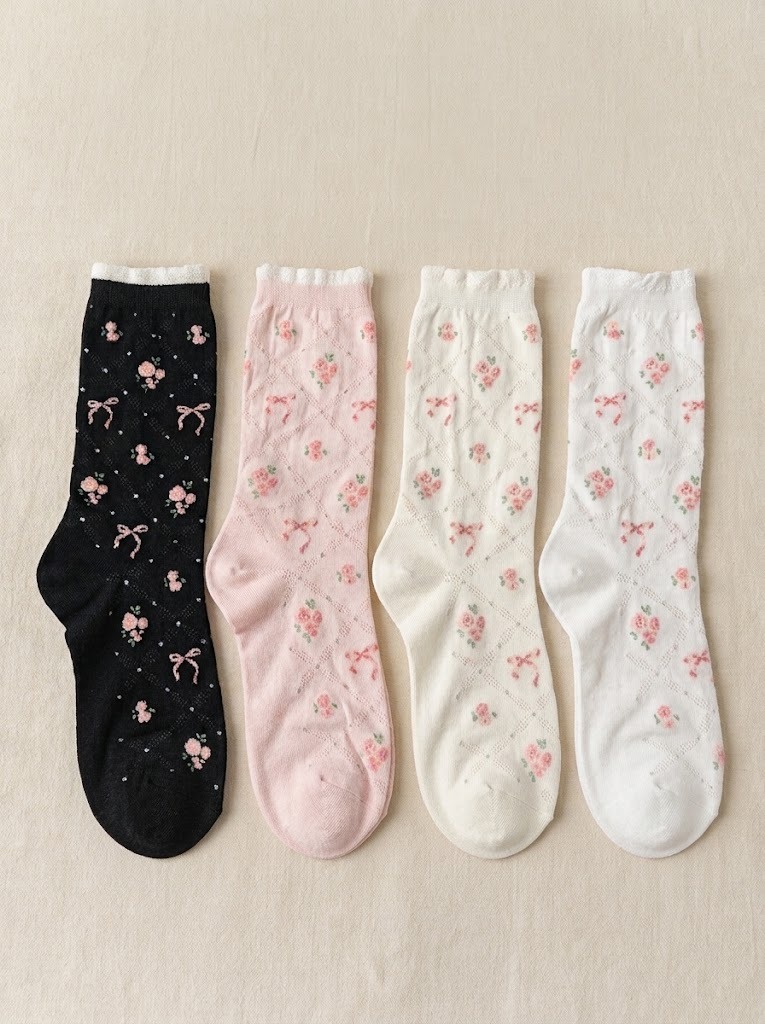 Korean Rose Floral Lace See-Through High Crew Socks