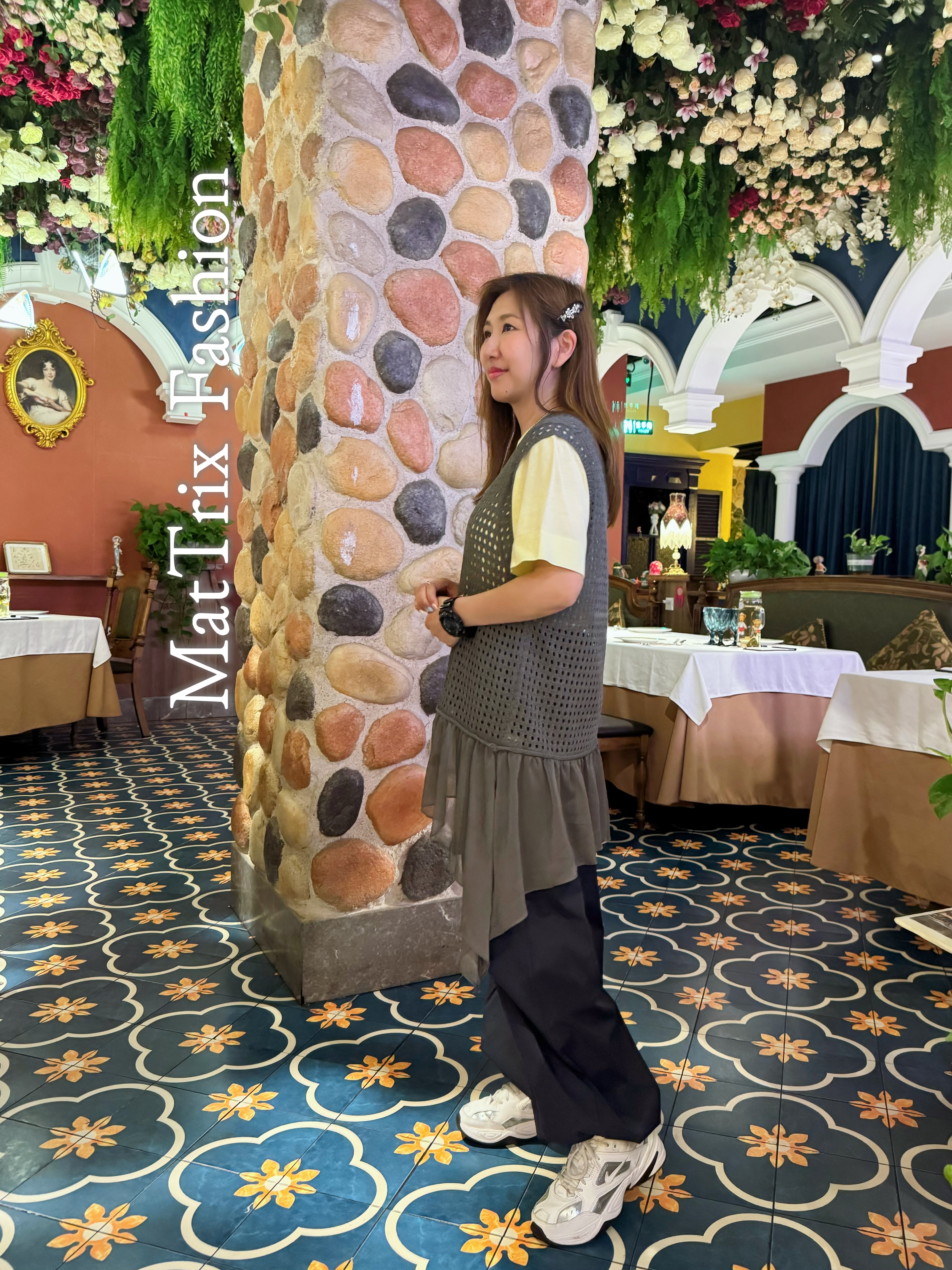 線織拼雪紡背心