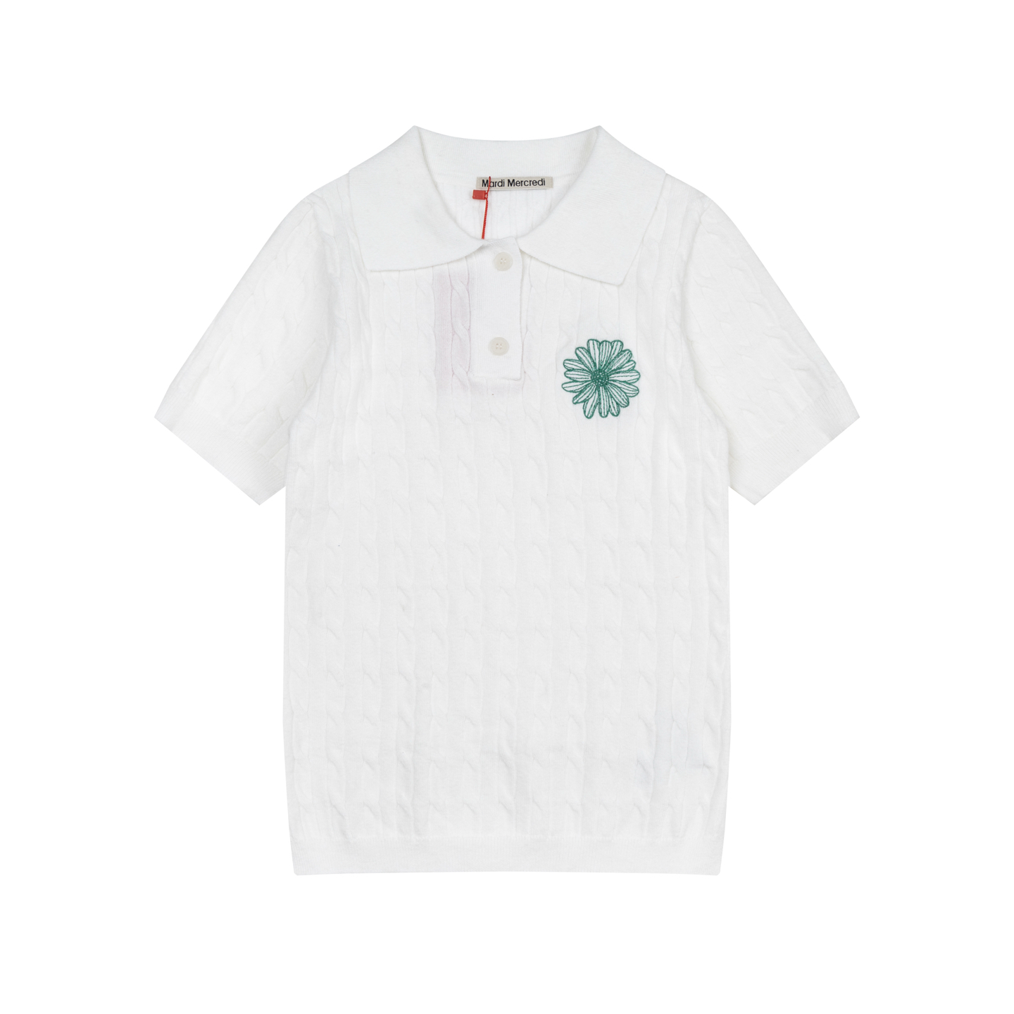 Mardi Mercredi Flower Embroidery Cable Short Sleeve Knit