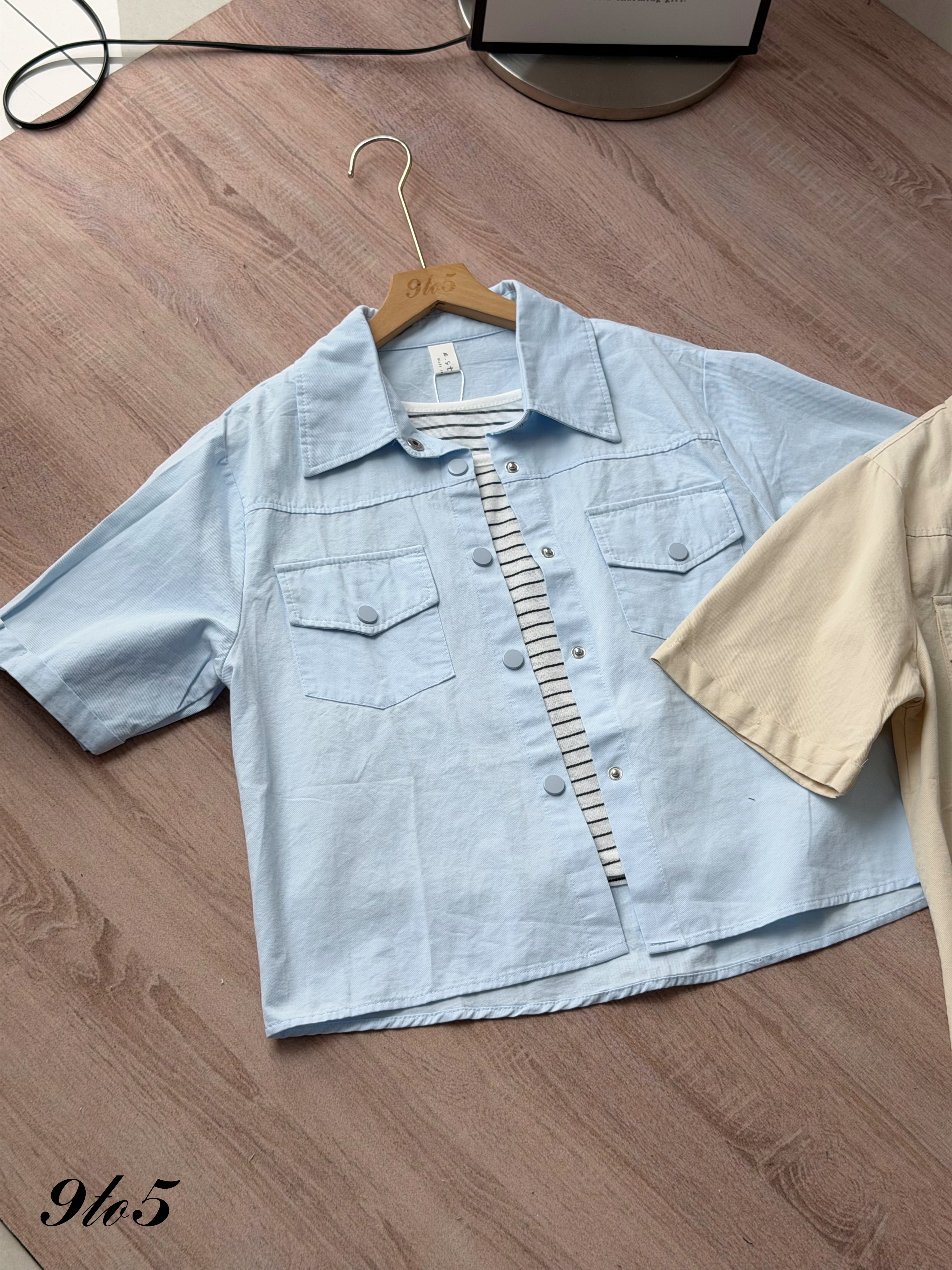 T4498 Stripped Tank Top with Jacket - Beige & Blue