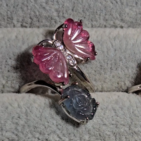 Candy tourmaline butterfly and rose ring, adjustable sterling silver (A) - TR278