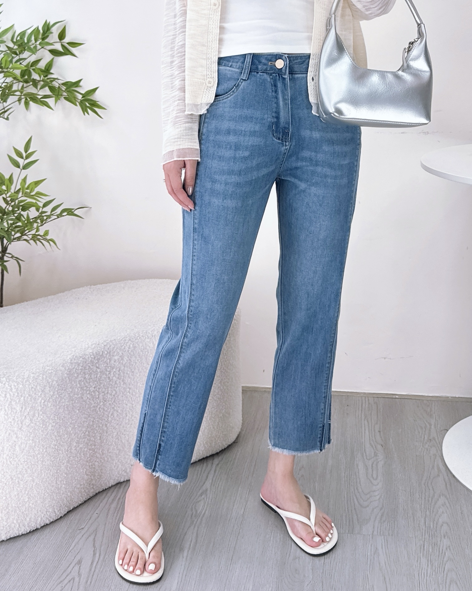 夏天超薄顯白淺藍九分牛仔褲