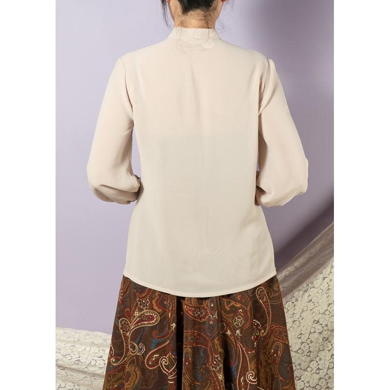 Vintage Japanese Beige Chiffon Tie Collar Blouse Shirt with Lace Accent (MT1840-35)