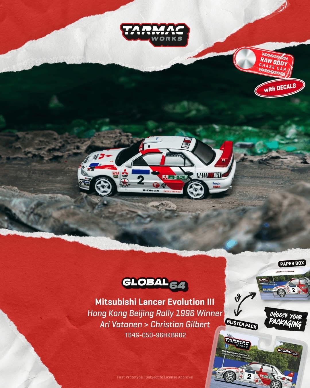 （預訂 Pre Order) Tarmac Works  ( T64G-050-96HKBR02 ) Mitsubishi Lancer Evolution III Hong Kong Beijing Rally 1996 Winner Ari Vatanen / Christian Gilbert