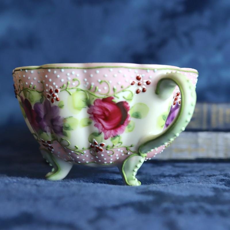 RARE! Antique Pre-Nippon Era Hand-painted floral &Relief Dot Pattern Three-legged Tea Set Duo - Eggshell porcelain(MT1569)