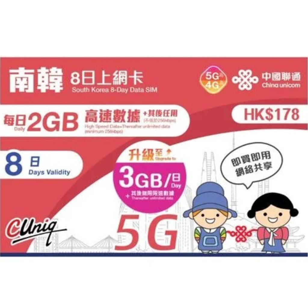 China unicom 中國聯通｜南韓｜8日/每日 2GB（升級至 3GB）｜上網卡 5G/4G 無限上網數據Sim卡