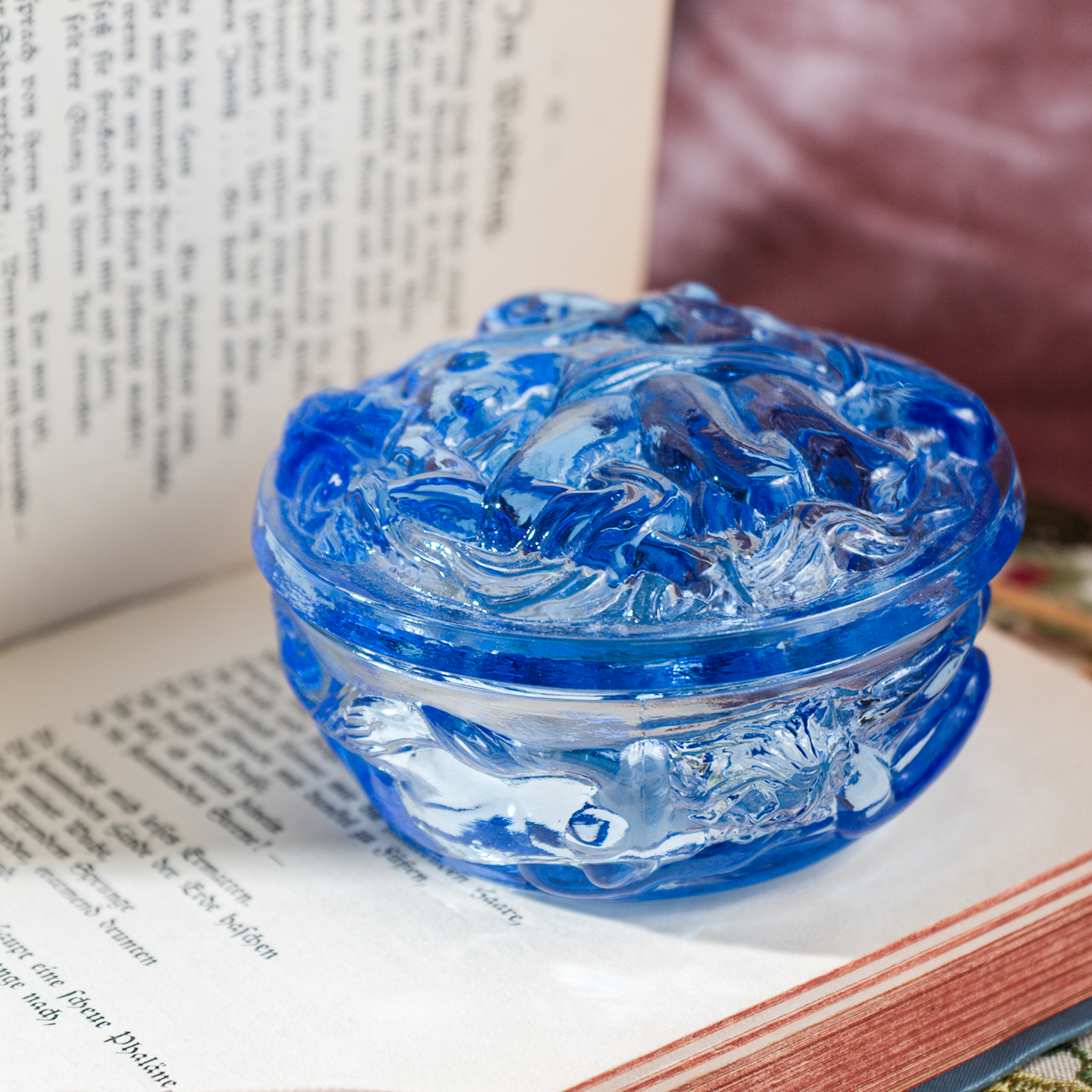 Rare! 1960s New Old Stock West German Nude Goddess 3D Sculpture Blue Glass Trinket Box(MZ017)