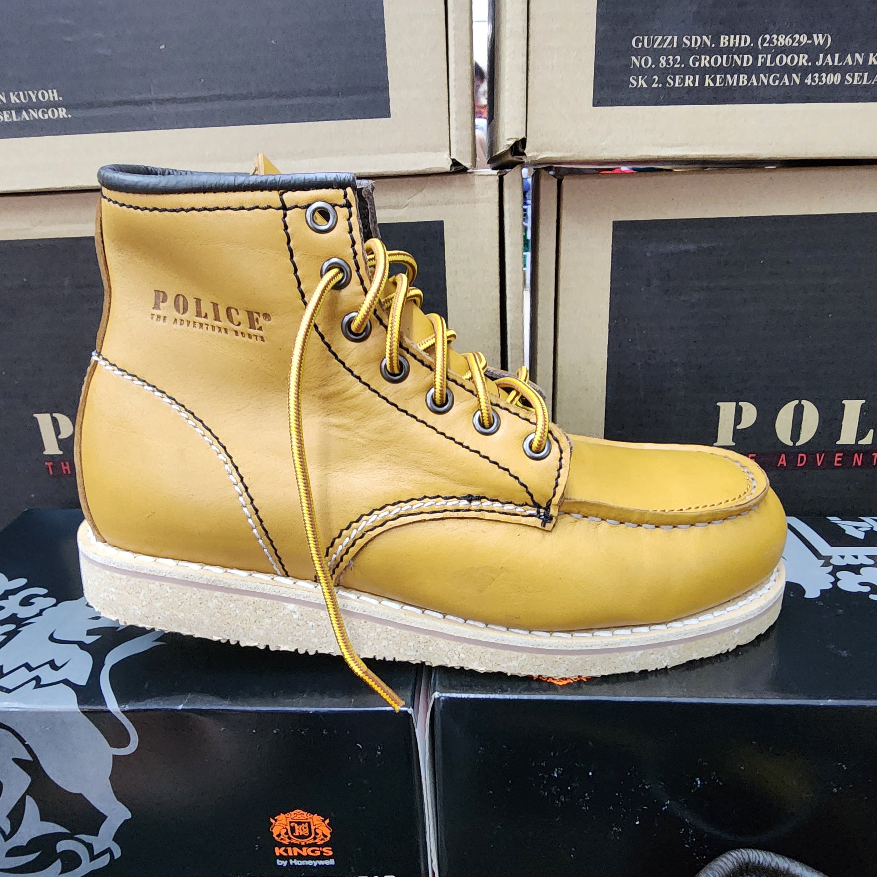 Original Brand Police 91594 Leather Laces Up Safety Boots Brown Light Maroon Dark brown Anti Slip sole Shoe Steel Toe Rubber Outsole 