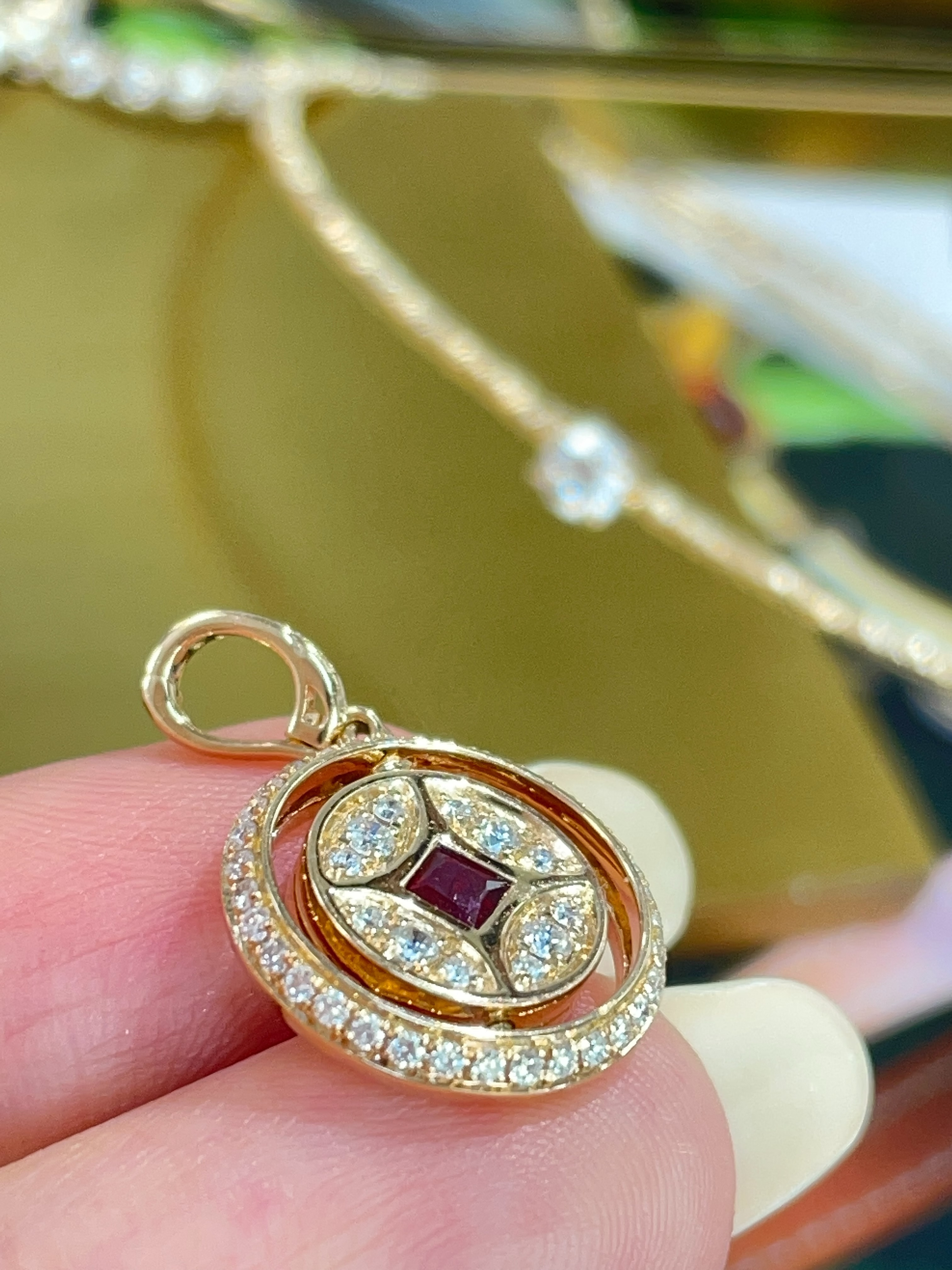  18K Gold Ruby Lucky Coin Multi-Way Pendant