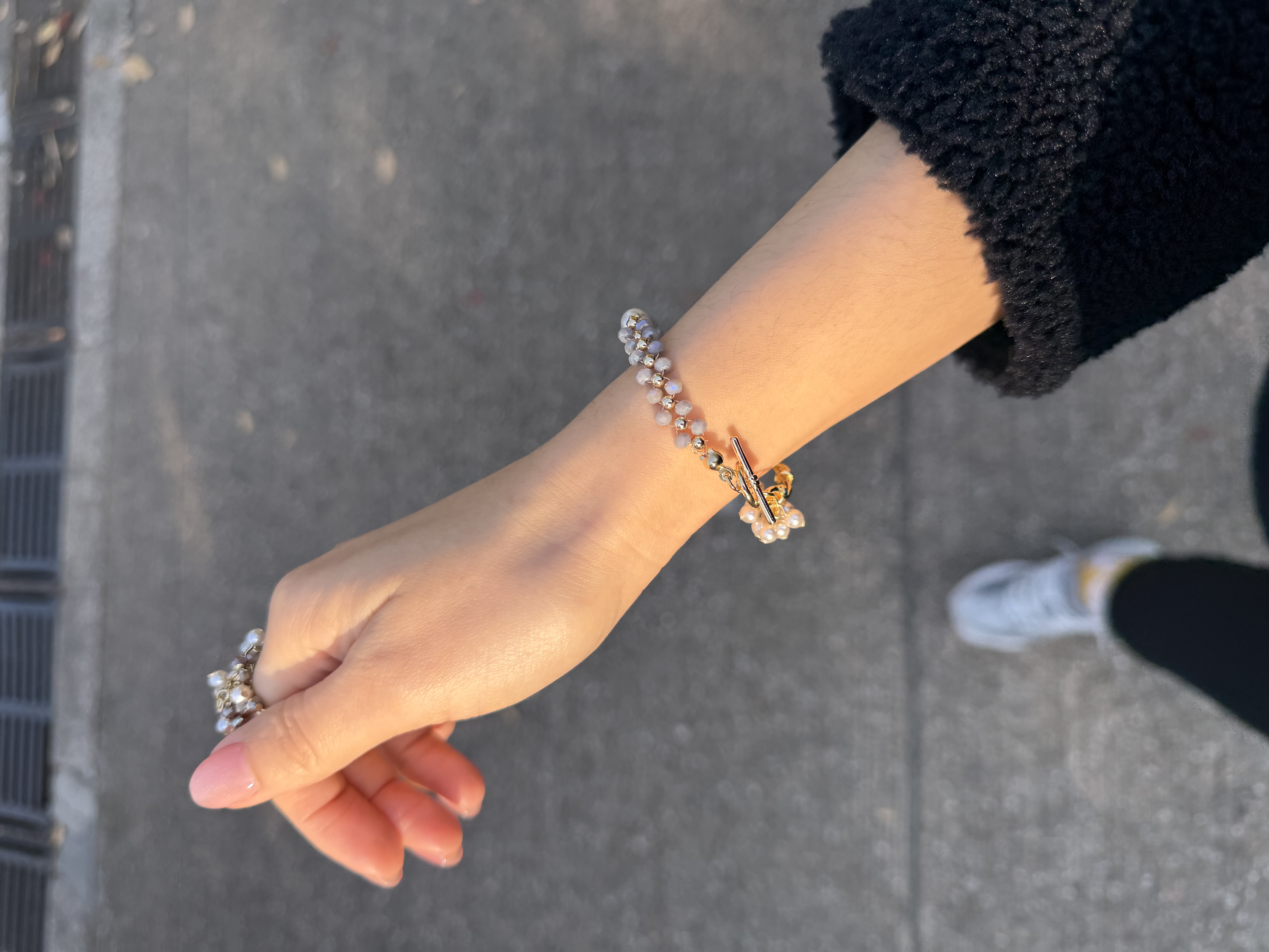 珍珠小花球併接手織手鍊/淺薰衣草x金色