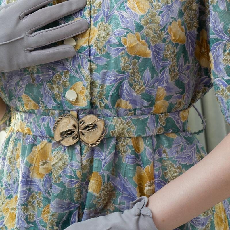 Vintage Japanese Floral Pleated Collar Chiffon Texture Day Dress with Original Belt (MT1840-19)