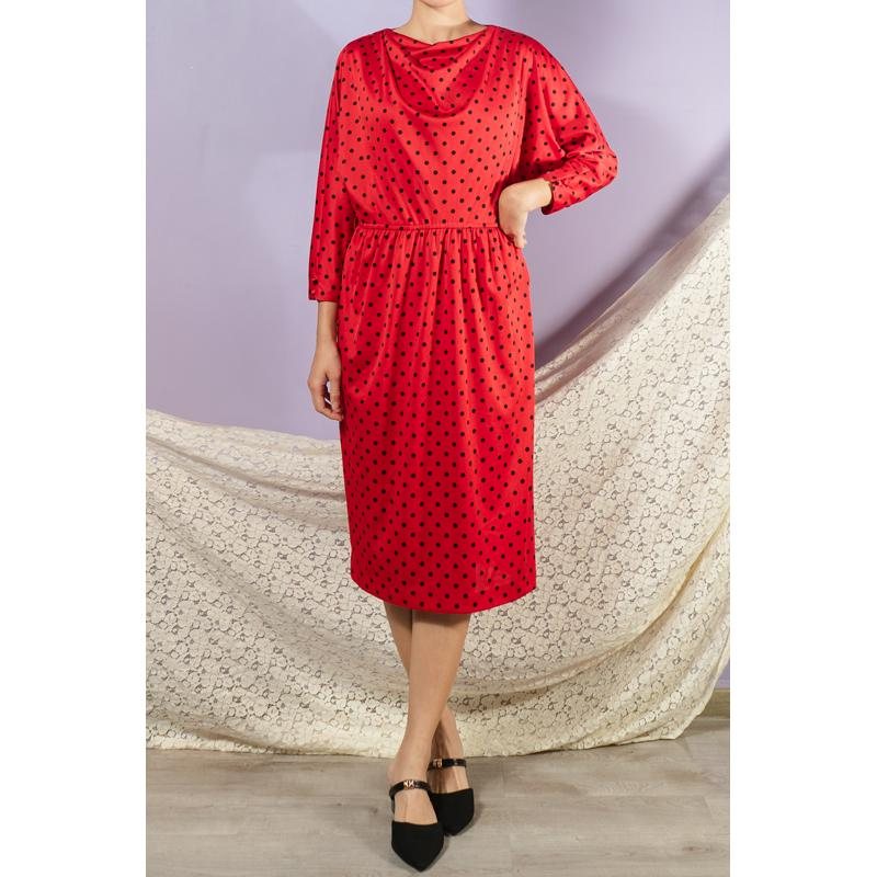 Vintage Japanese Iconic Red and Black Dotty Pattern Cowl Collar Dress / 80s Party Dress (MT1608-157)