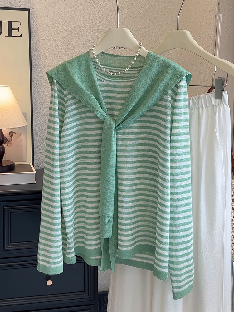 $110件。✨薄款條紋針織＋披肩綁結款｜韓系氣質套裝唔係普通兩件套！