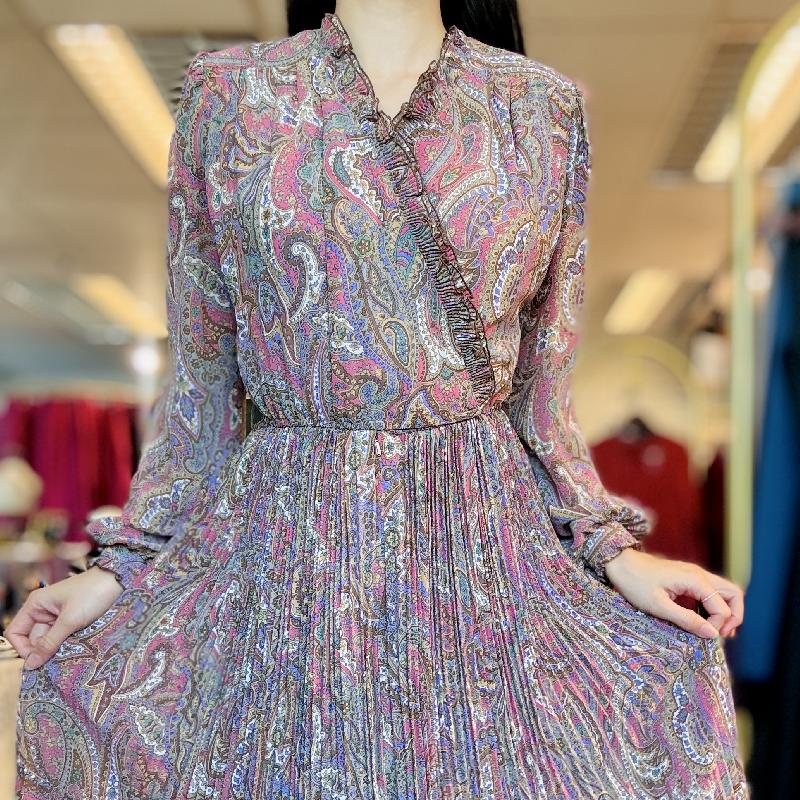 Vintage Purple Paisley Pattern Accordion Pleated Dress with Ruffle Trim (PP001-31)