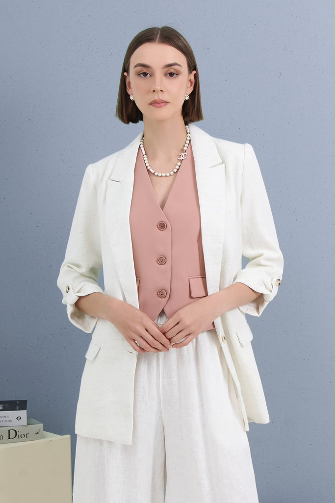 MF36075 Blush Pink Textured Longline Blazer