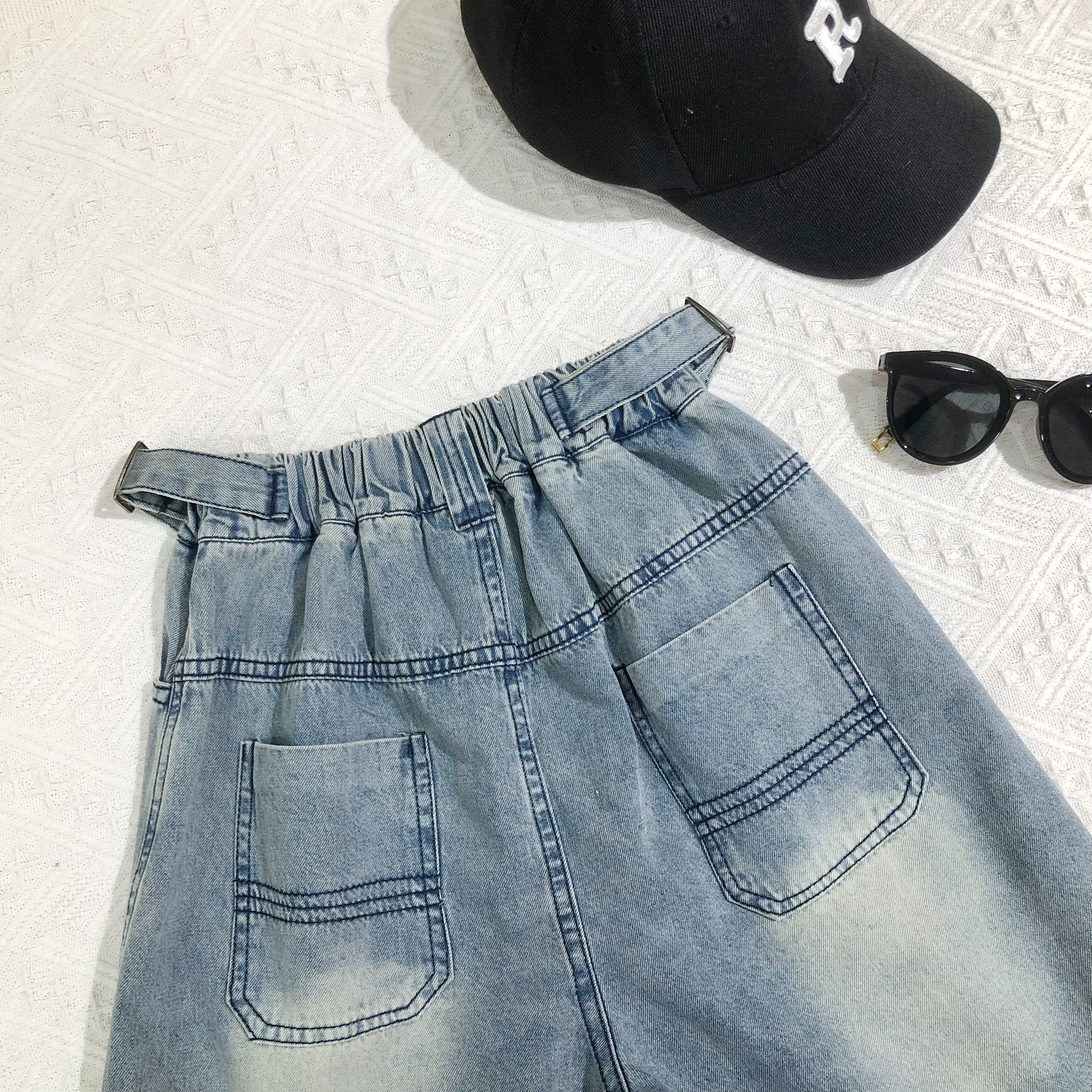 Vintage Wash Denim Shorts with Elastic Waistband  