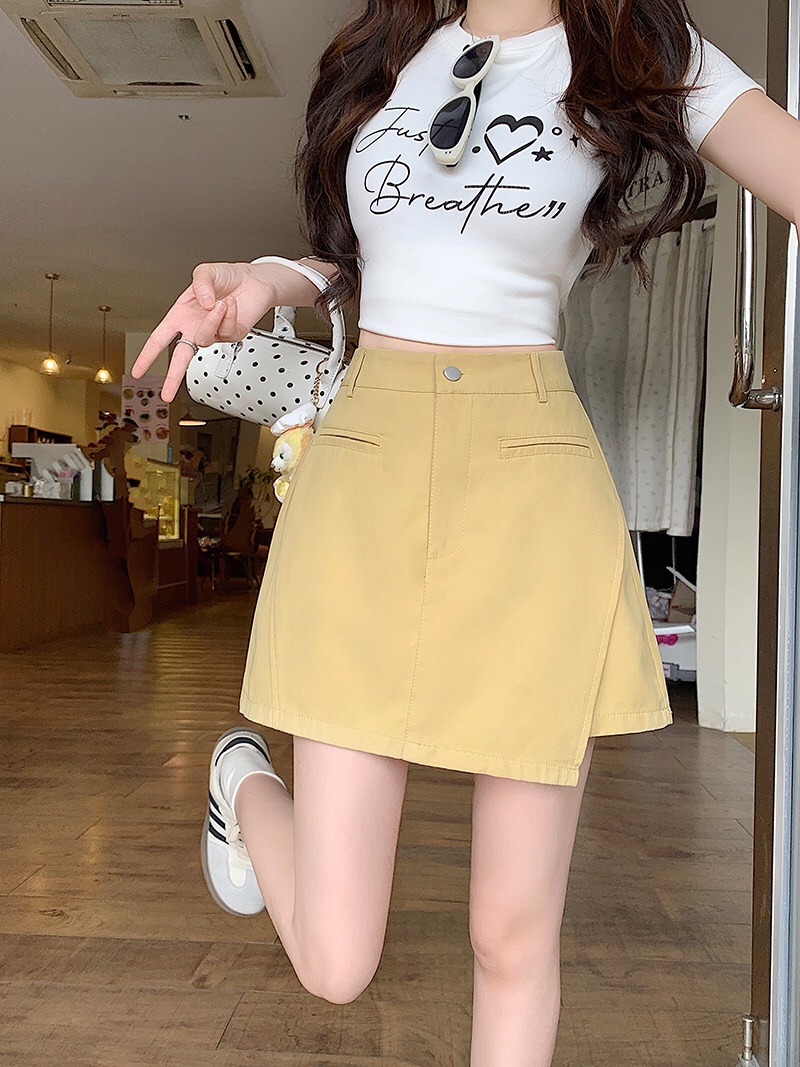 B216(22126) 韩版高腰单银钮前部斜开角不规则3色前裙后裤