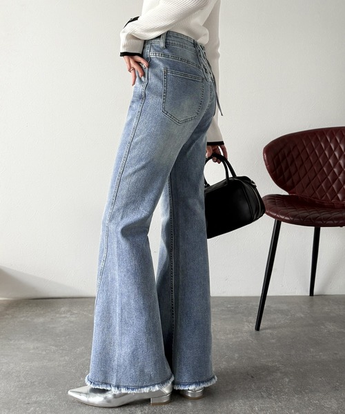 綁帶喇叭高腰牛仔褲【JP010】