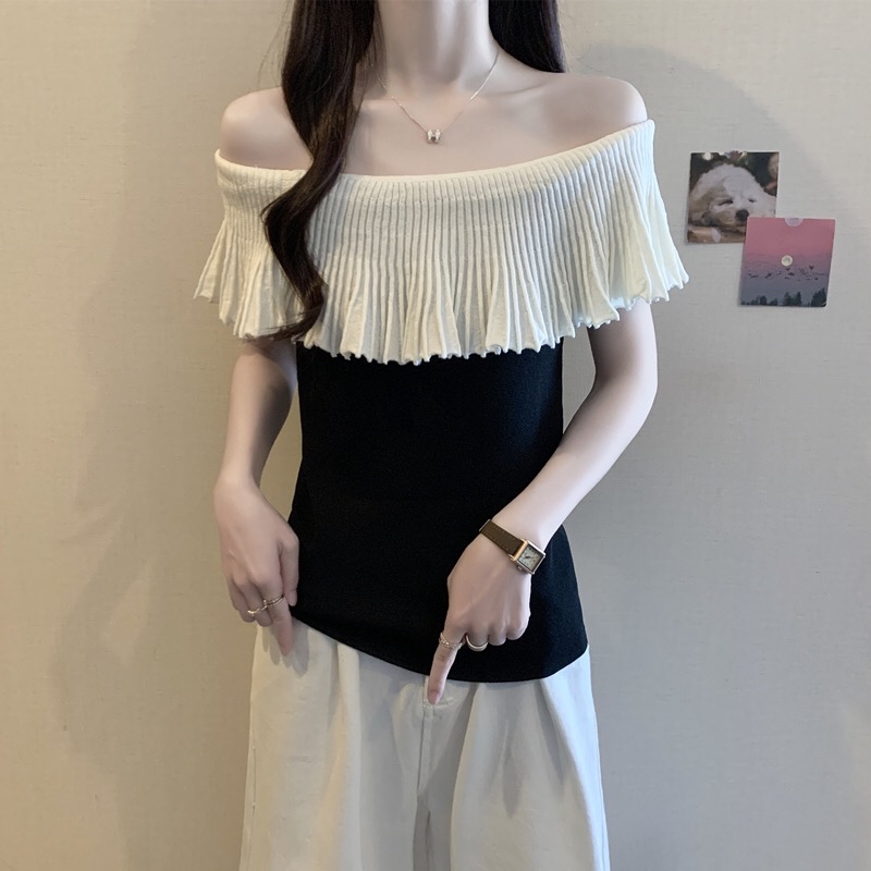 B143(980) 法式小众设计感撞色一字肩百褶荷叶领边黑杏针织上衣 