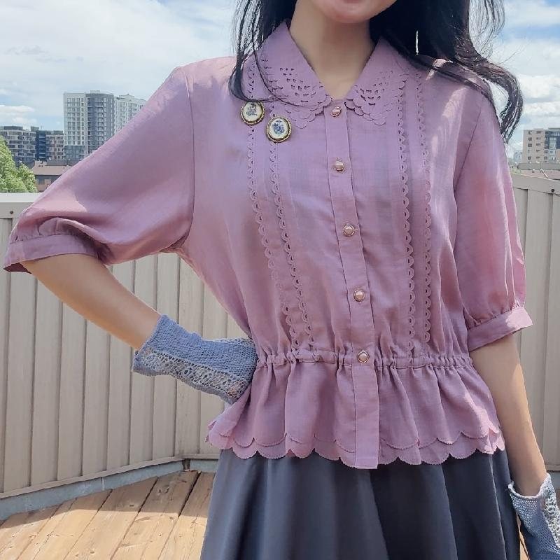 Vintage Japanese Plum Colour Cut-out Pattern Peplum Summer Blouse with Scallop Edge (MT2349)