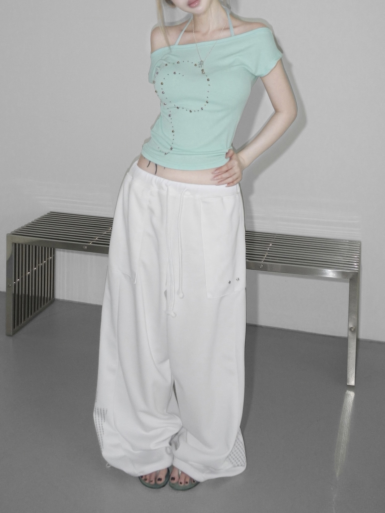 Studded Off-Shoulder Short Sleeve Top