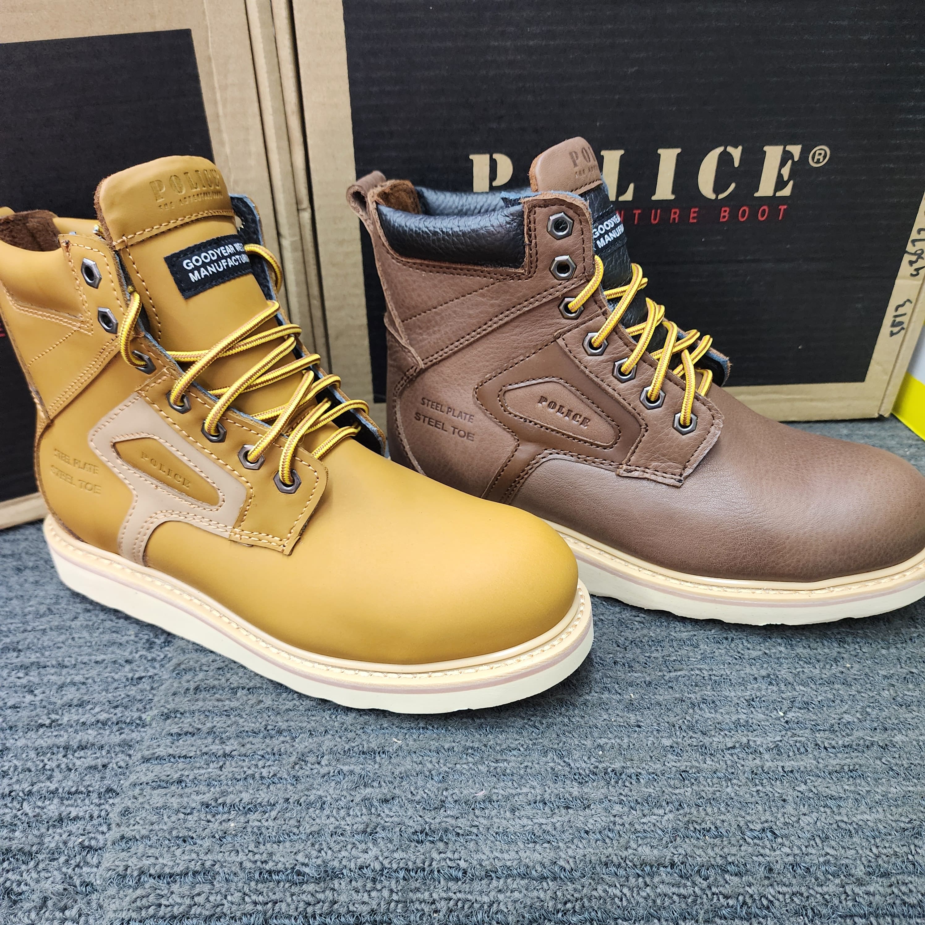 POLICE SAFETY 93672 Camel Brown Mid cut Lace Goodyear Welt Safety Shoes leather Kasut Keselamatan