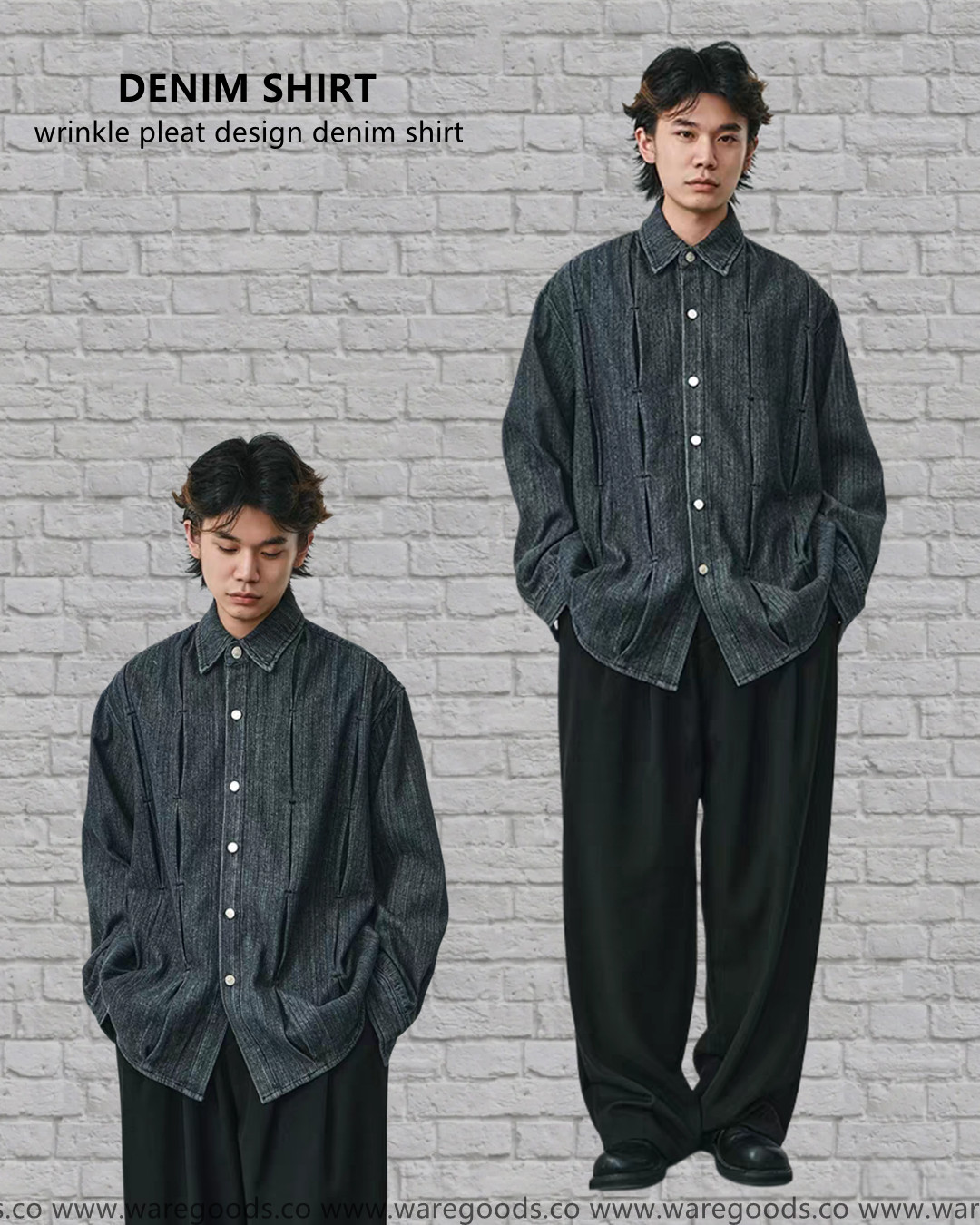 W0315復古打褶設計牛仔恤衫