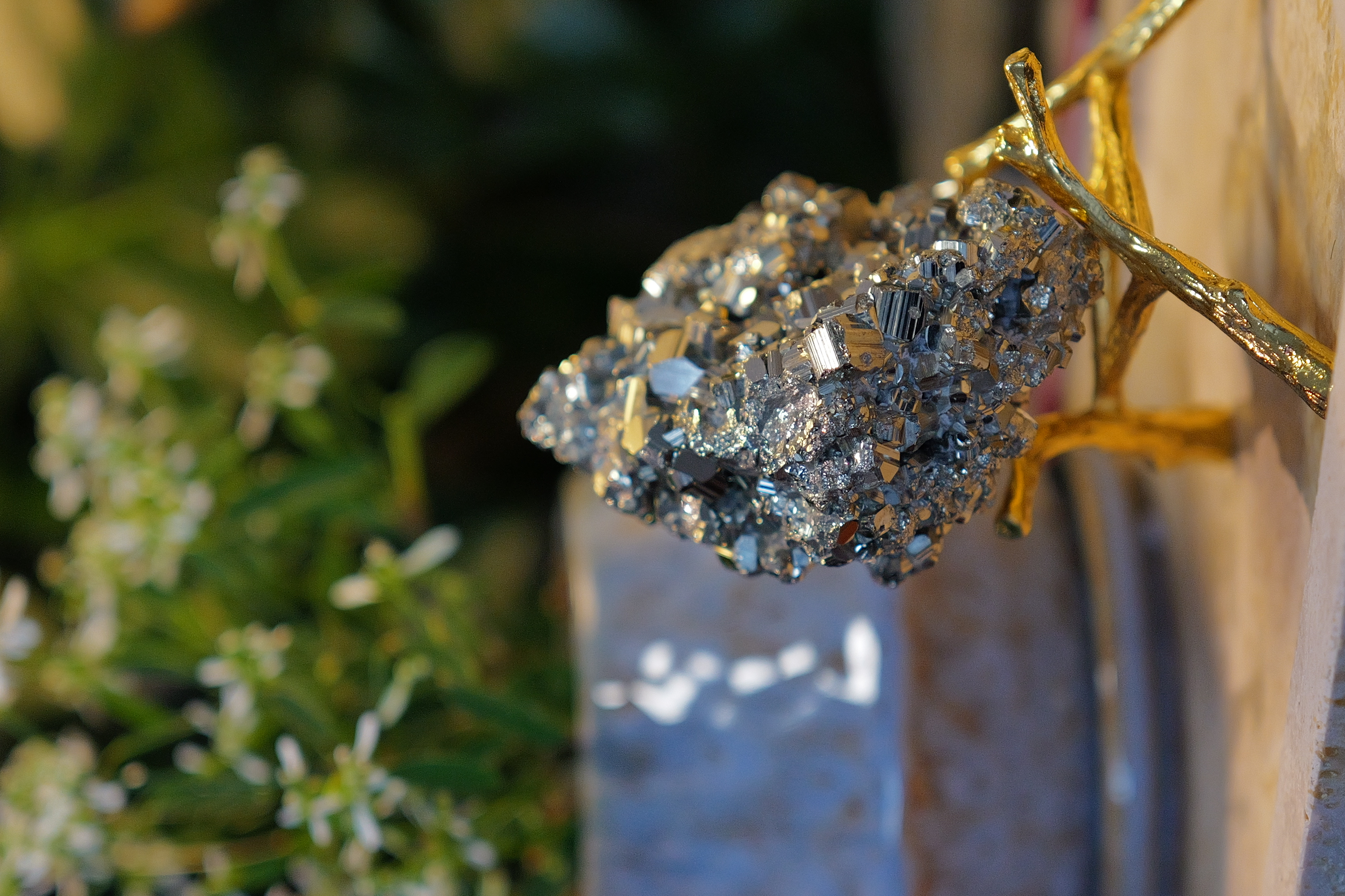  ༒9.7cm 黃鐵礦多面體共生方解石花原礦擺件༒ PY.A23CA6Gmat-RB5*11A6