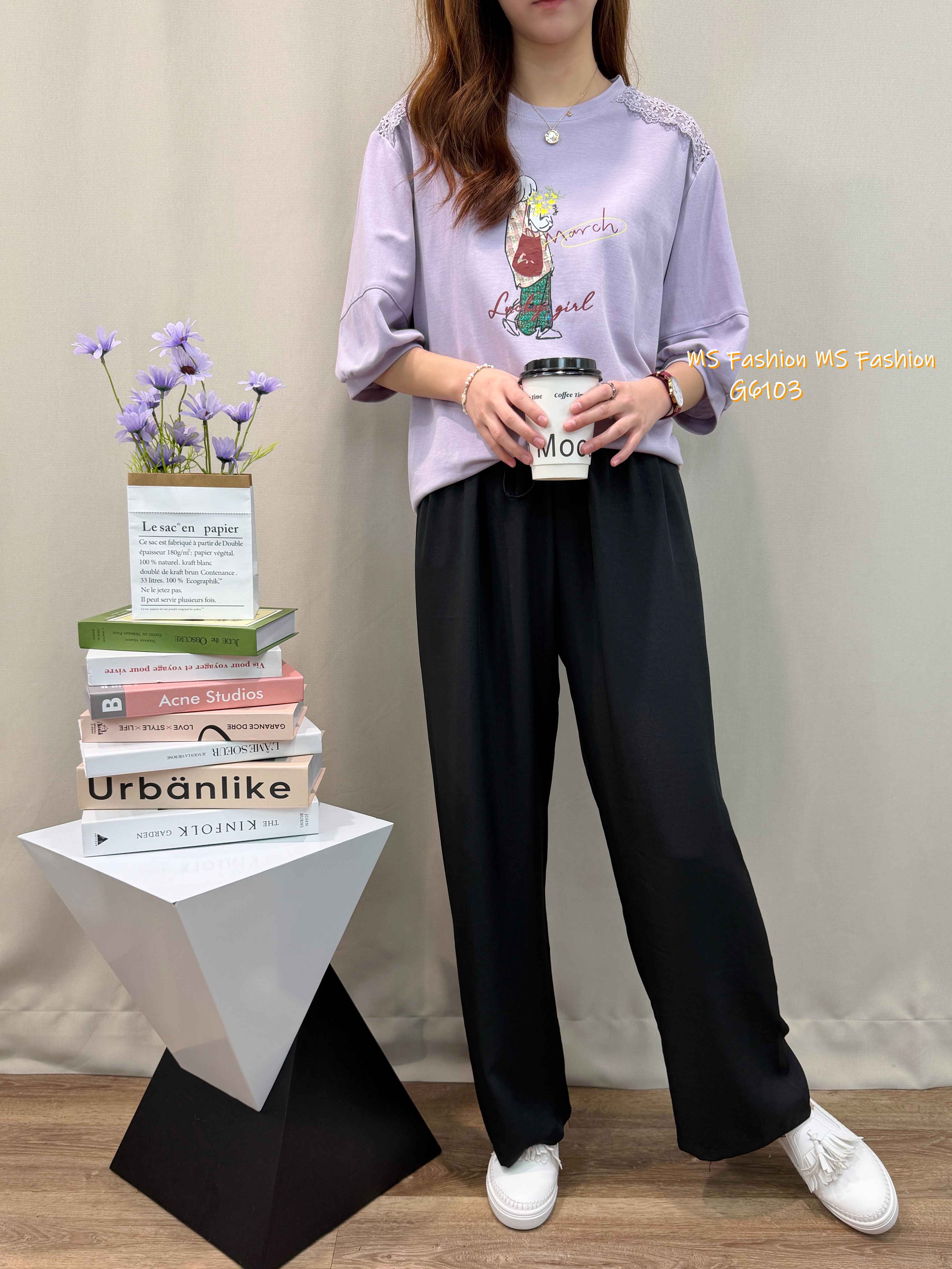 G6103 韓國🇰🇷靚print肩通花top